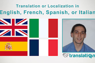 translate or localize in english, french, spanish, or italian
