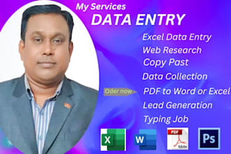 do excel data entry, copy paste, web research, pdf to word