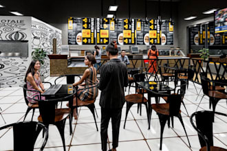 kitchen, cafe, restaurant interior design and 3d