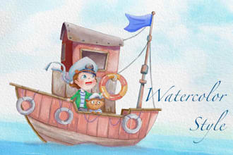 draw children book illustrations in watercolor and cartoon style