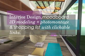 interior design with moodboard, 2d plans, shopping list, and photomontage