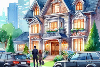 paint a watercolor house portrait or city space illustration