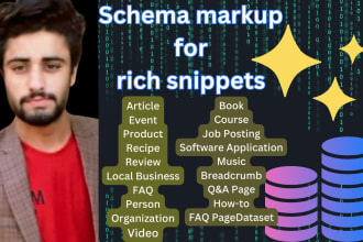 setup schema markup for rich snippets like, review,star rating,faqs,article