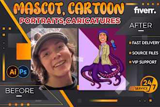 draw cartoon portrait caricature mascot character of your photo and logo design