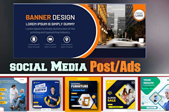 design two social media banners ads, post, with three sizes