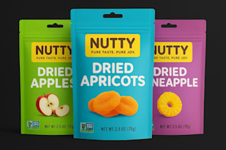 packaging design for chips, nuts, candy wrapper, protein bar, tea and dry fruits