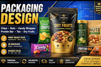 packaging design for chips, nuts, candy wrapper, protein bar, tea and dry fruits