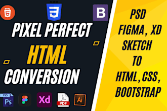 convert PSD to HTML, figma to HTML, xd to html, sketch to HTML, CSS, bootstrap