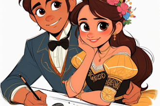 draw you cute disney cartoon couple portrait