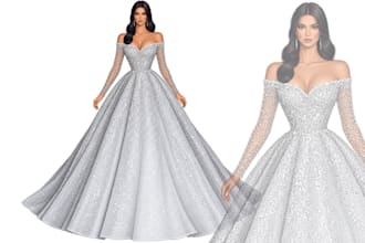 design wedding dress, bridal fashion or illustration, couple sketch