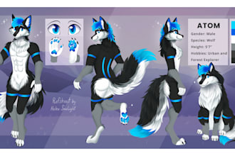create a detailed furry ref sheet, character design, fursona
