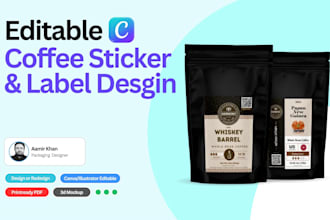 coffee sticker, coffee label, and coffee packaging designs using canva
