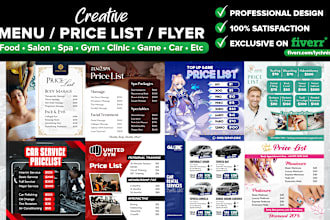 design menu price list sell sheet flyer salon spa clinic gym car food service
