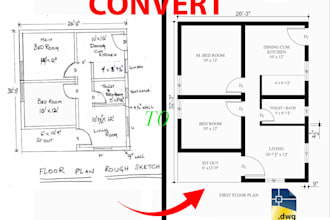 convert img hand sketch, redraw in autocad dwg, pdf architecture