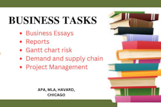 do business tasks, project management, gantt chart risk, reports and papers