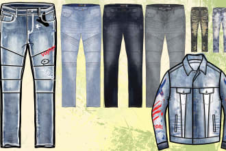 create streetwear denim jacket and denim pants with tech pack