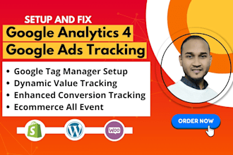 set up ga4 ecommerce and conversion tracking for shopify, woocommerce via GTM