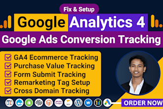 setup google analytics 4, ads conversion tracking, ga4 ecommerce tracking by GTM