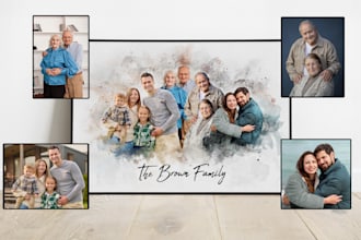 merge photos to watercolor family portrait illustration