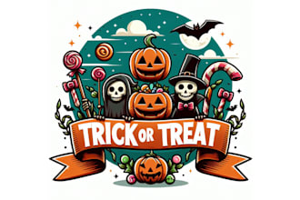 design trick or treat halloween, pumpkin, happy halloween, house mascot logo