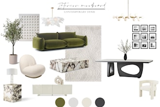 design interior mood board of living room, bedroom, bath etc