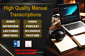 transcribe , audios, video, interviews and podcasts in 24h