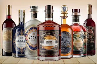 do product label,logo for gin,wine,beer,rum, whiskey,vodka,tequila,champagne,can