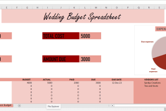 provide a personal wedding planner spreadsheet, in excel