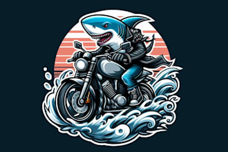 design shark, rider, motorcycle, fish, racing, bike mascot logo design