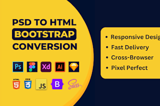 convert PSD xd figma to HTML scss bootstrap tailwind CSS js