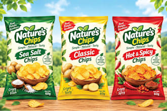 do premium product chips, snacks, standup pouch bags packaging label design