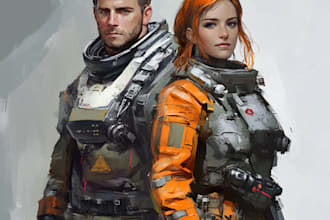 draw spaceship concept art and friendship portrait