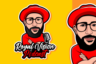 do caricature mascot logo, unique cartoon character portrait, podcast cover art