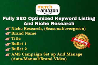do fully SEO merch by amazon listing niche research amazon ads campaign