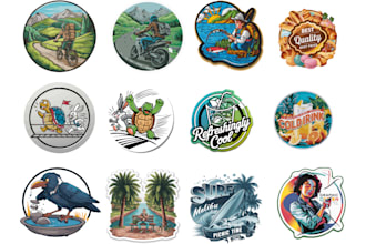design amazing retro die cut sticker, badge, patch, label circular round logo,