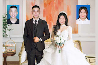 swap faces wedding photo collage, bride groom photo, couple photo collage