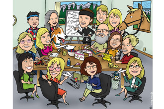 draw a group caricature with custom background