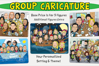 draw a group caricature with custom background