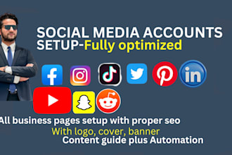 create social media accounts, optimize business pages with logo, cover, copy