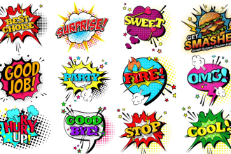 create pop art, funko, vintage, retro, 80s, 90s logo and words text comic style