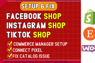 set up instagram shopping, facebook shop and integrate with shopify, etsy store