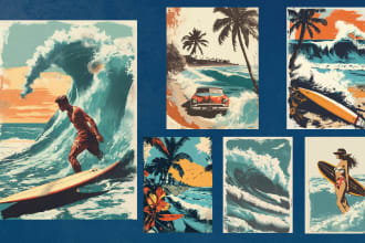 design vintage beach, summer, travel and surf illustration for clothing