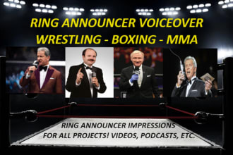 do impressions of ring announcers from wrestling, boxing, and MMA