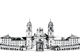 draw line art illustration building and landscape black and white