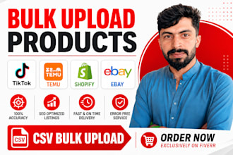 bulk upload import products on tiktok temu amazon etsy ebay shopify wix ecwid va