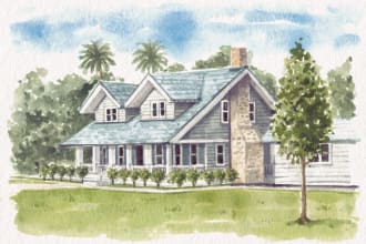 paint photo of house or landscape in watercolor illustration