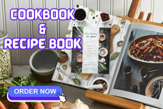 design a modern recipe and cookbook, paperback, cover page, layout design