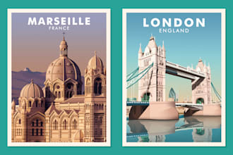 create travel poster vintage retro art deco vector  landscape illustration
