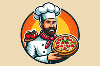 do chef with italian freshly baked pizza restaurant mascot logo design