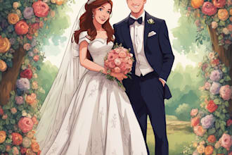 draw cartoon disney portrait for couple, family, wedding